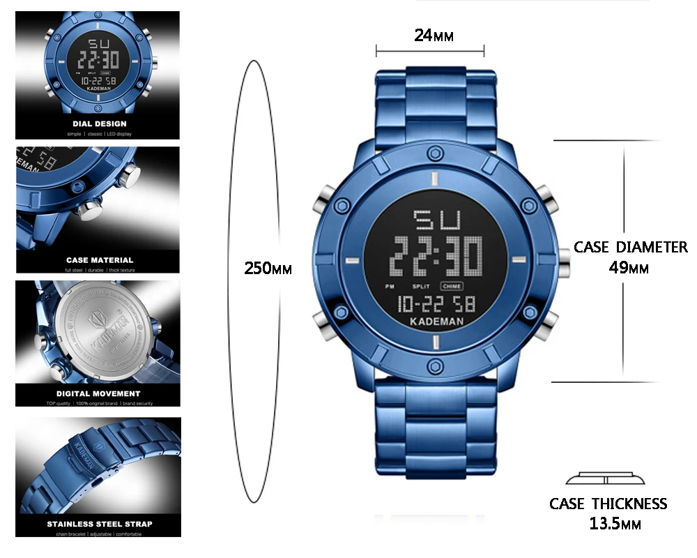KADEMAN мужские часы водонепроницаемые полностью стальные спортивные цифровые часы Роскошные модные наручные часы с хронографом мужские часы Reloj Hombre