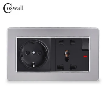 

COSWALL Stainless Steel Panel 16A EU Socket + 13A Universal Switched Socket With Neon Grounded With Children Protective Door
