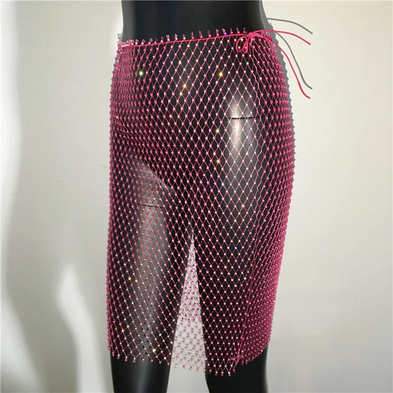 Shiny Rhinestone Fishnet Grid Empire Solid Mini Skirt Summer Beach Sexy Hollow Out Cover Up Luxury Celebrity Above Knee Skirts black midi skirt