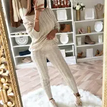 

2Pcs/Set Winter Women Solid Color Off Shoulder Long Sleeve Sweater Knitted Pants
