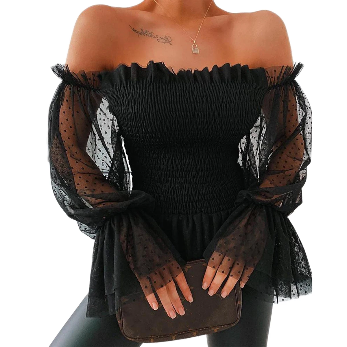 

Women's Slash Neck Solid Color Off Shoulder Polka Dot Blouse Mesh Sheer See Through Long Puff Sleeve Ruched Chiffon Tops