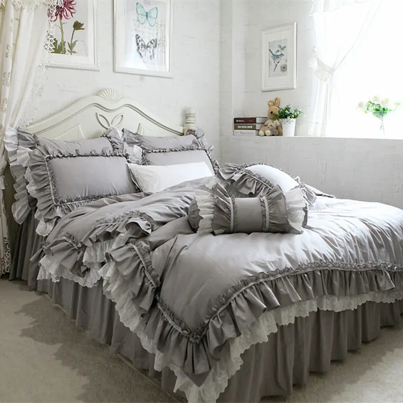 New European Grey Bedding Set Big Ruffle Lace Duvet Cover Wrinkle Bedspread Bed Sheet for Wedding Decorative Clothes | Дом и сад