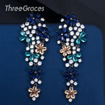 

ThreeGraces Classic Silver Plant Flower Multicolor Zircon Crystal Long Dangling Earrings for Women pendientes mujer moda ER382