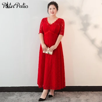 

Empire Plus Size Lace Women Evening Dresses V-neck A-line Ankle-length Red Long Formal Dresses