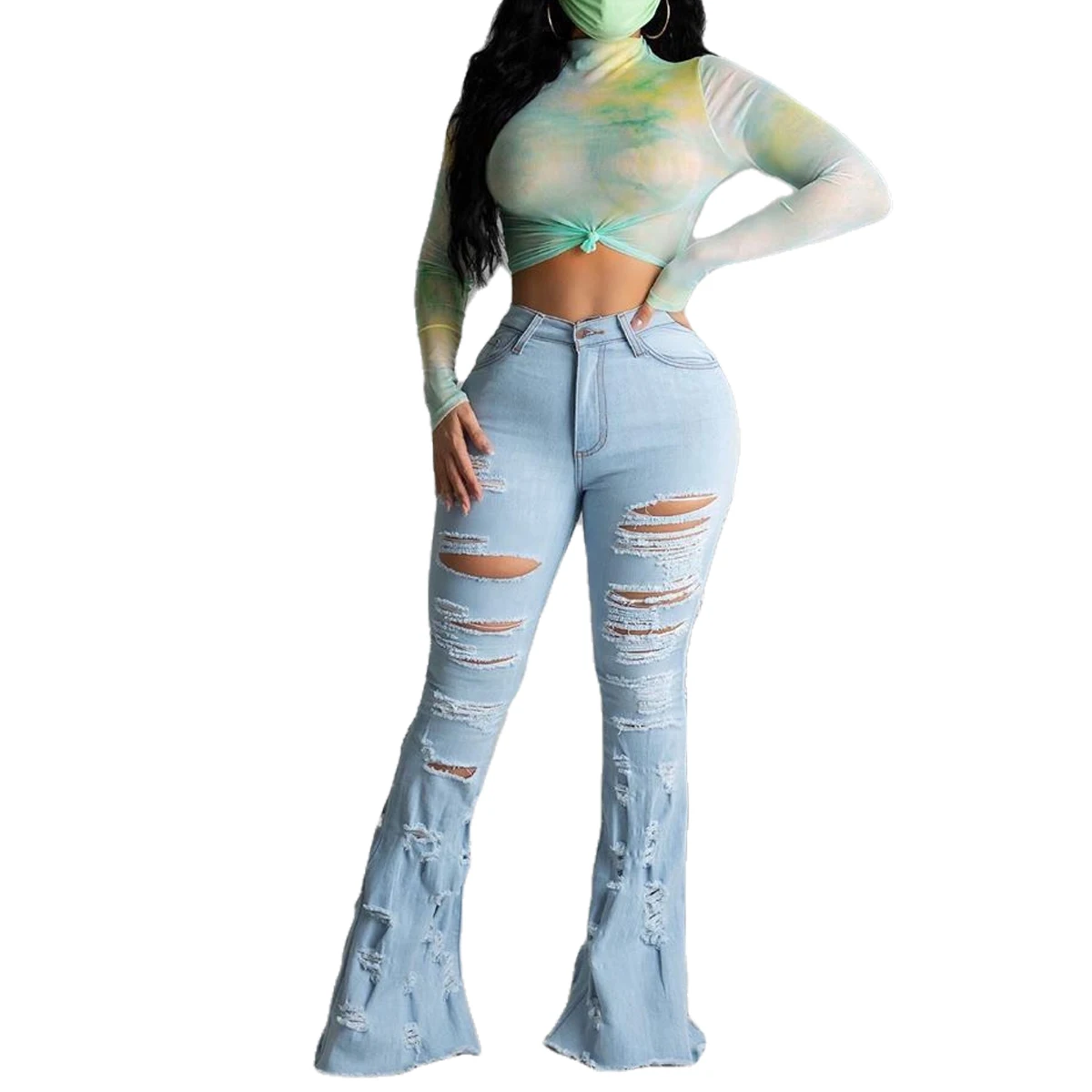 

Womens Ripped Bell Bottom Jeans High Waist Skinny Flare Jeans Pants Destroyed Raw Hem Denim Pants