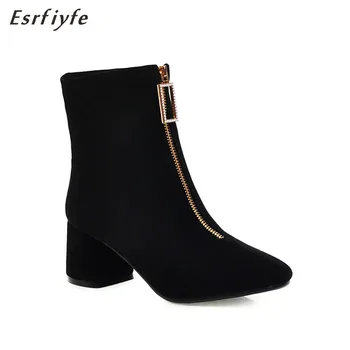 

ESRFIYFE 2020 New Large Size Brand Boots Woman Front Zipper Open Botas Ankle Boots Winter Thick High Heels Nubuck Martin Booties