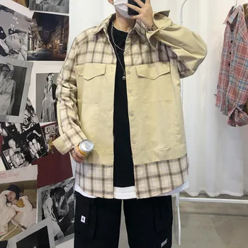 

Men's shirt 2020 spring and summer new casual plaid stitching long-sleeved shirt youth personality fashion trend men's clothing