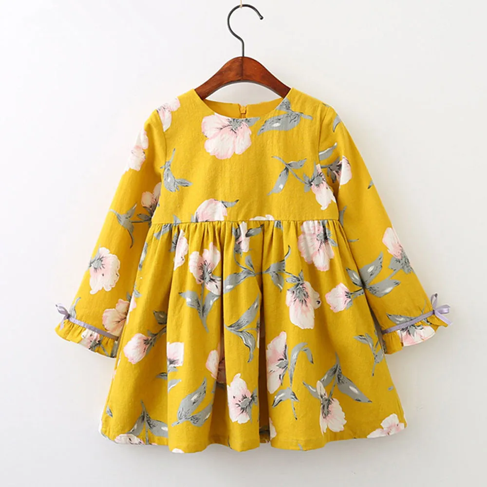Платье для маленьких девочек детская одежда roupas, одежда для маленьких девочек праздничные платья принцессы с длинными рукавами и цветочным принтом и бантом, L30806