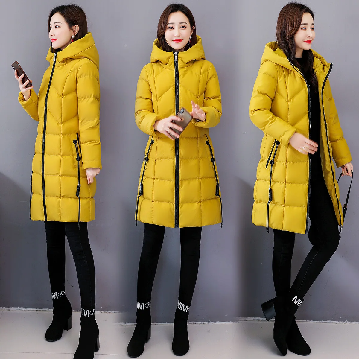 

2019 Winter Trend Simple Hooded Slim Fit Slimming Versatile Long Sleeve Mid-length Zipper Cotton Coat