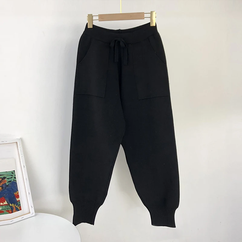 Aachoae 2020 Autumn Winter Knitted Pants Women Elastic Waist Drawstring Trousers Long Pencil Pants With Pockets Ladies Bottoms