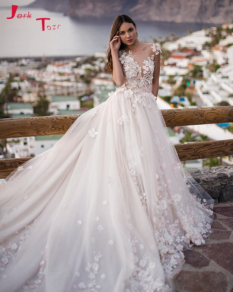 2019 Новое поступление цветочные подвенечные платья Robe De Mariage с коротким рукавом и низким вырезом на спине аппликации Бисероплетение