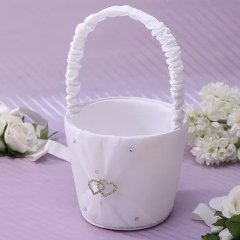 

23CM Flower Basket in Satin With Double Love Heart Rhinestones and Ribbons