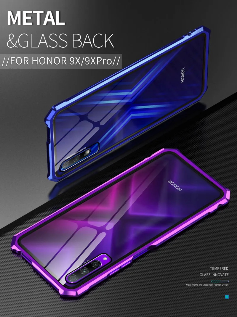 Роскошный чехол для huawei Honor 9X, металлический бампер с рамкой и прозрачная задняя крышка из закаленного стекла для huawei Honor 9X Pro, чехол