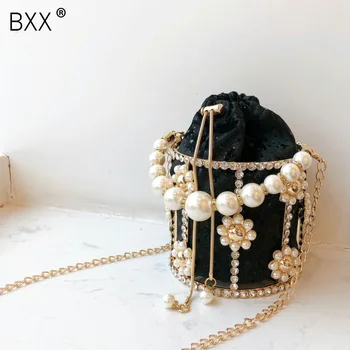

[BXX] Hollow Out Pearl Bucket Evening Bag Women 2020 Luxury Designer Handmade Alloy Metallic Clutch Ladies Shoulder Bags HJ701