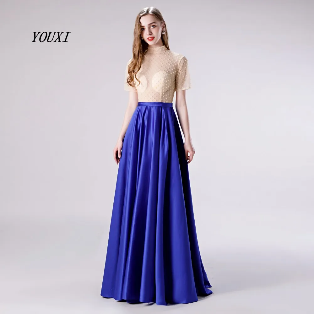 

YOUXI Gorgeous Royal Blue Evening Dress 2019 Satin Tulle Beaded A- Line Formal Prom Gowns robe de soiree