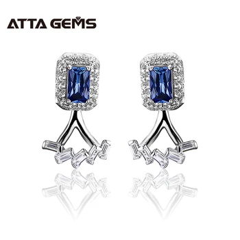 Blue Sapphire Sterling Silver Stud Earring Two Wearring Flexiable Design Octagon Created Sapphire Earring Gift for Personal