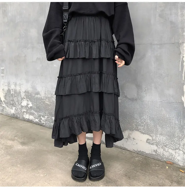 Goth Lolita High Waisted Asymmetrical High Low Ruched Ruffle Skirt in Skirts