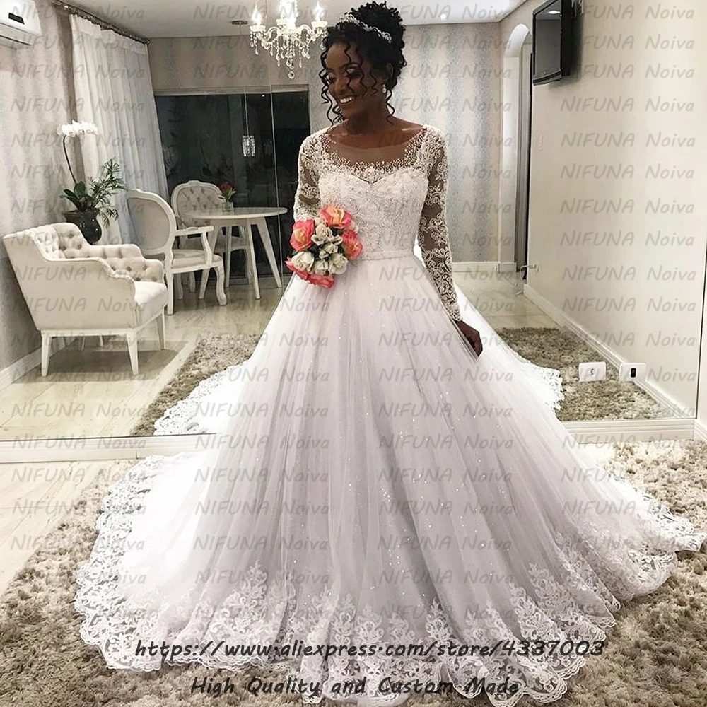 Белое платье невесты из тюля abiti da sposa Южно-Африканские свадебные платья Роскошные бисерные кружева с длинным рукавом свадебное платье Robe de Mariee