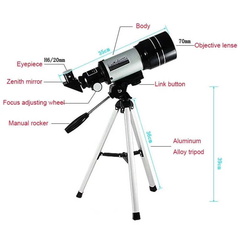 Рефракционный 300/70 мм астрономический телескоп 150X Монокуляр Telescopio с алюминиевым штативом космический прицел наблюдения детский подарок