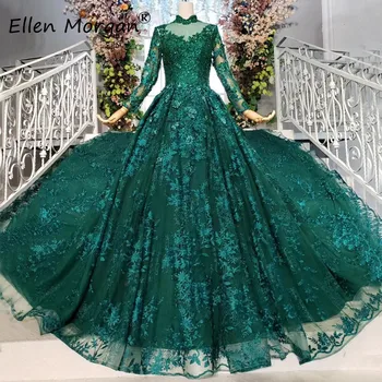 

Dark Green Muslim Long Sleeves Wedding Dresses Middle East Countries Saudi Arabia High Neck Lace Colorful Bridal Gowns 2020