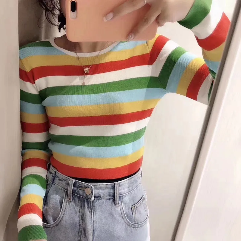 sweaters women o-neck long sleeve autumn sweater fashion rainbow knitted pullovers Female 2019 new winter sweaters Slim pullover