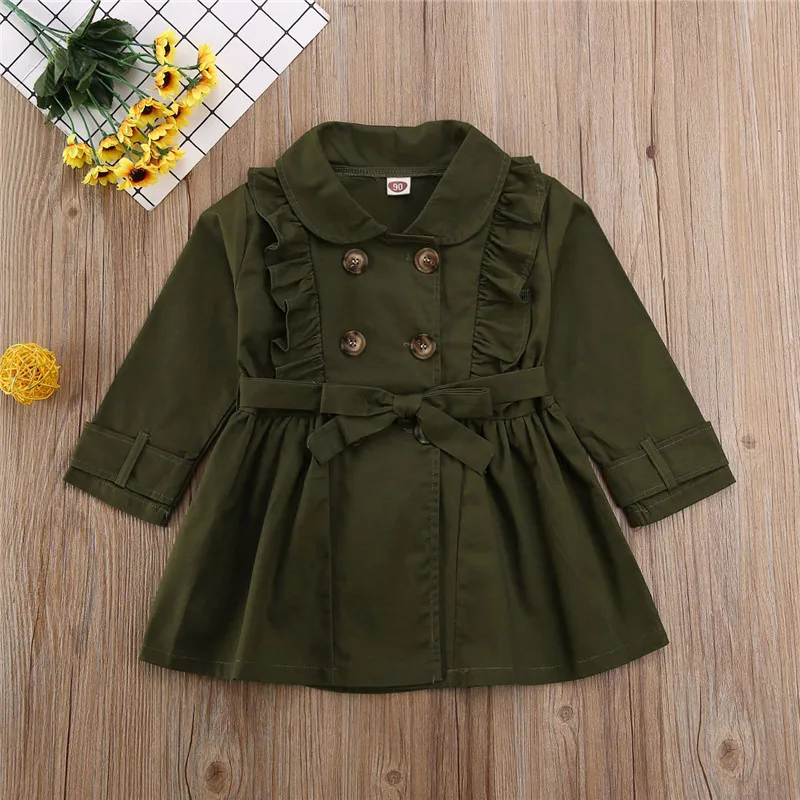 От 2 до 7 лет пальто для малышей; Тренч; топы; бандаж на пуговицах; повседневная куртка с оборками; однотонная ветровка для девочек; плащ для девочек; верхняя одежда - Цвет: Армейский зеленый