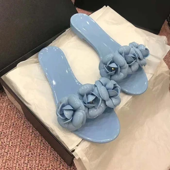 

Candy Colors Flats Slipper Flower Jelly Slides Zapatos De Mujer Outdoor Summer Fuzzy Slippers Womens Luxury Brand 2020 Newest