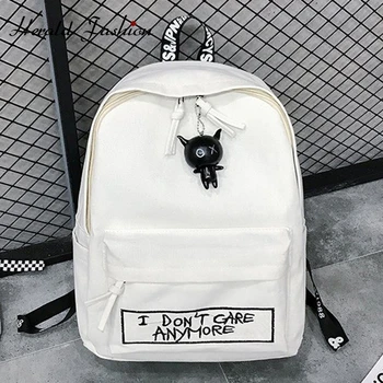 

Herald Fashion Women Doll Pendant Backpack Letter Print Female Harujuku Shoulder Bag Black White Travel Bag For Collage Student