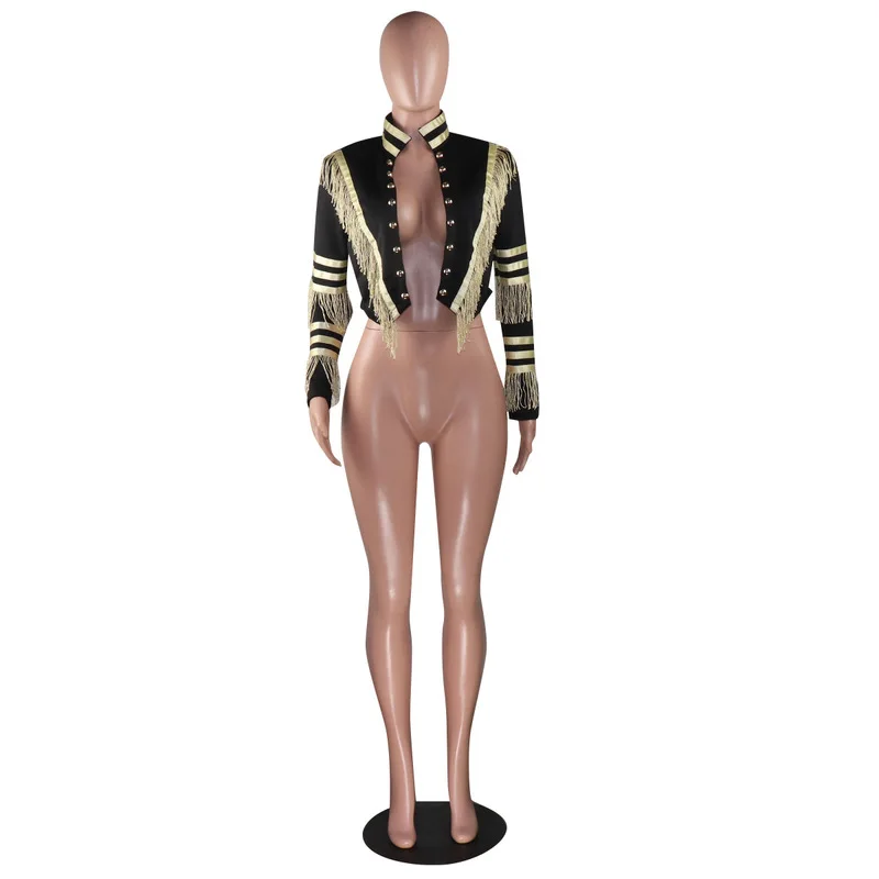 Promo  Gold Tassels Patchwork Autumn Cropped Coats and Jackets Women Long Sleeve Button Up Bomber Jacket C