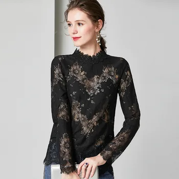 

Lace Long Sleeve Shirt Ladies Clothing Vintage Turtle Neck Tops Black Shirt See Through Top Women Sexy Mesh Shirt ins Cotton Tee