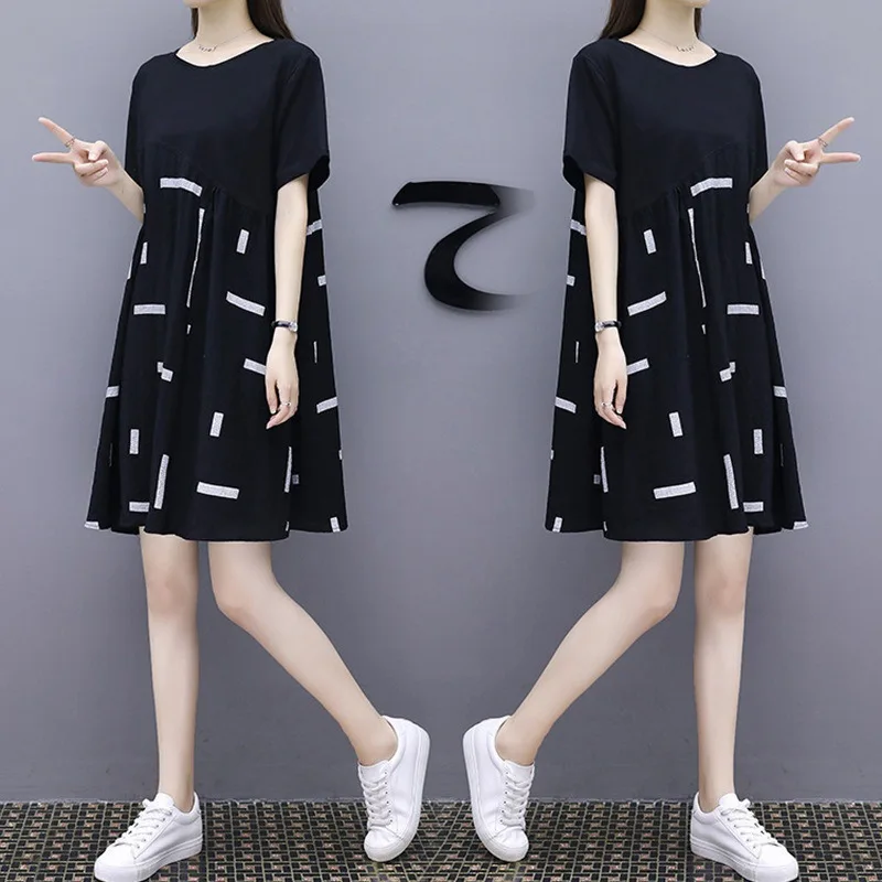 

2019 Spring Clothing New Style Spring Summer WOMEN'S Dress Large Size Loose-Fit Slimming Mid-length Dress Printed Joint GIRL'S D