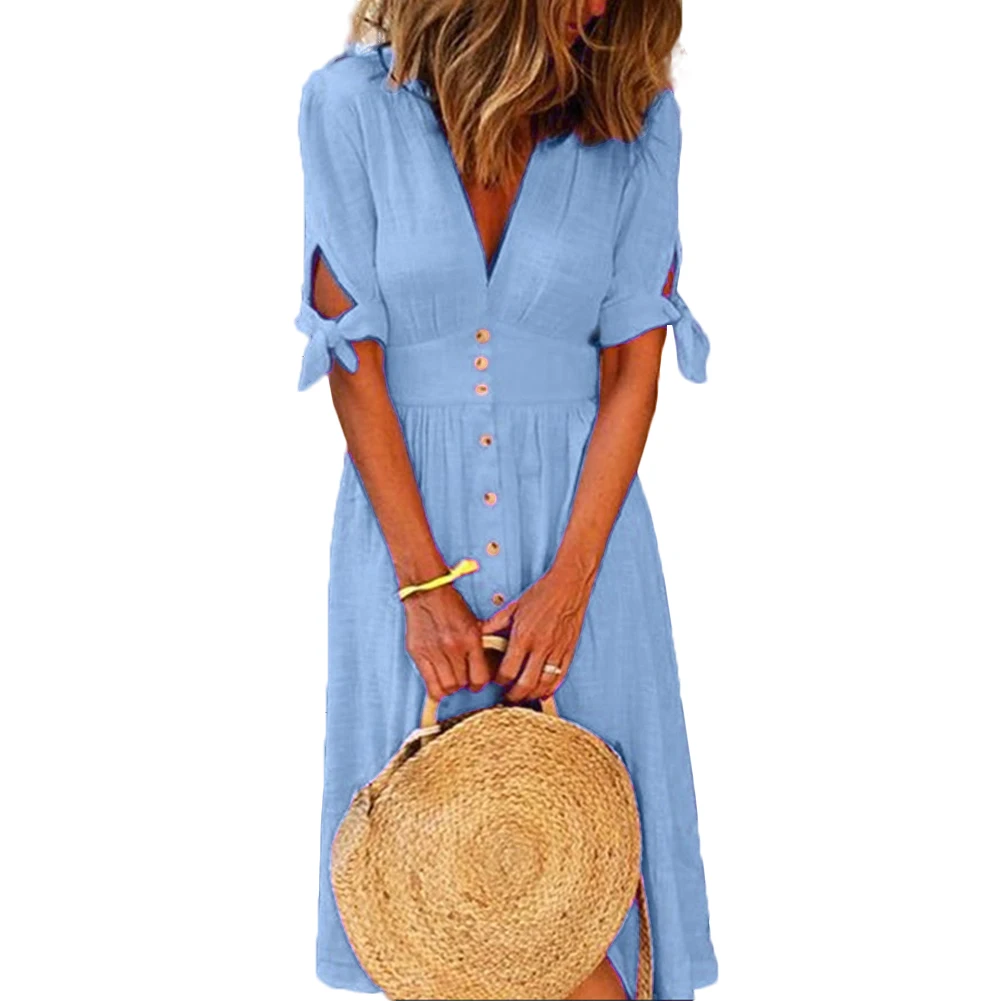 cover up beachwear 2021 New Summer M-4XL Woman Vintage Deep V Neck Dress Elegant Solid Color Tied Half Sleeve Button Long Dresses Beach Street Work bathing suit dress cover ups Cover-Ups