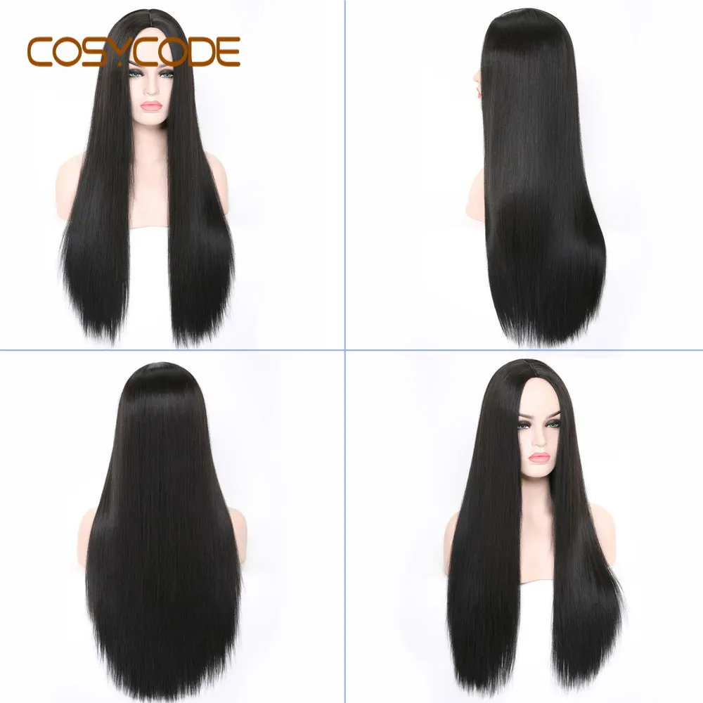 black COSYCODE, 24 дюйма, женские парики, черные, длинные, прямые, средняя часть, некружевные, синтетические парики для косплея, вечерние - Цвет: black