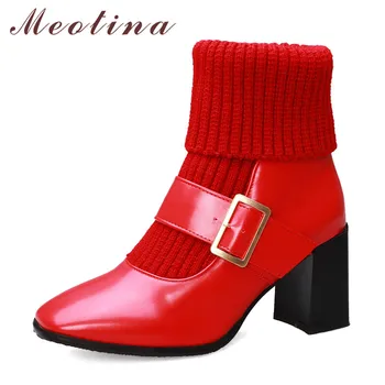 

Meotina Mid-Calf Boots Women Shoes Buckle High Heel Short Boots Square Toe Block Heels Footwear Ladies Winter Black Red Size 46