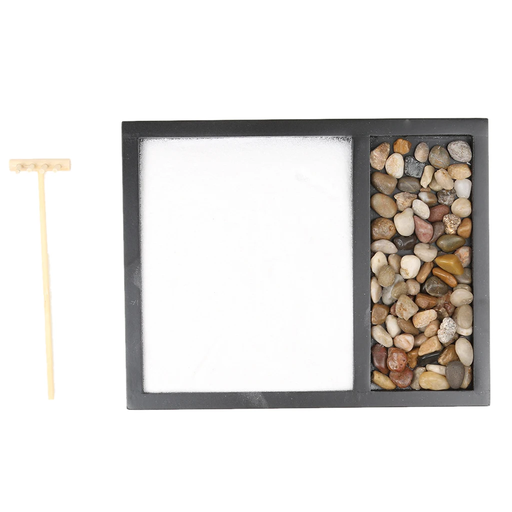 Zen Garden Sand Tray Stone Wooden Rake Sands Home Room Fengshui Ornament