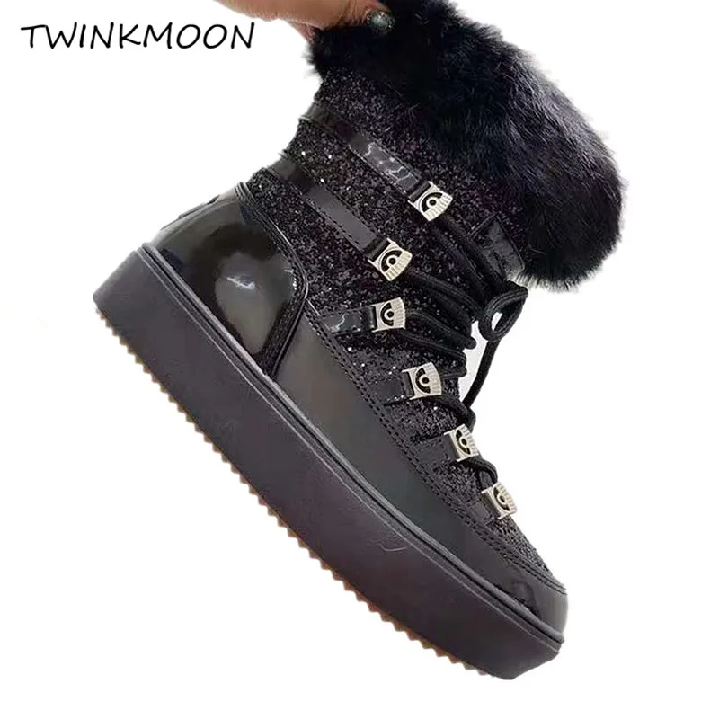 

Winter Rabbit Fur Snow Boots Women Real Wool Glitter Bling Lace Up Ankle Boots Warm Winter Shoes Runway Fashion zapatos de mujer