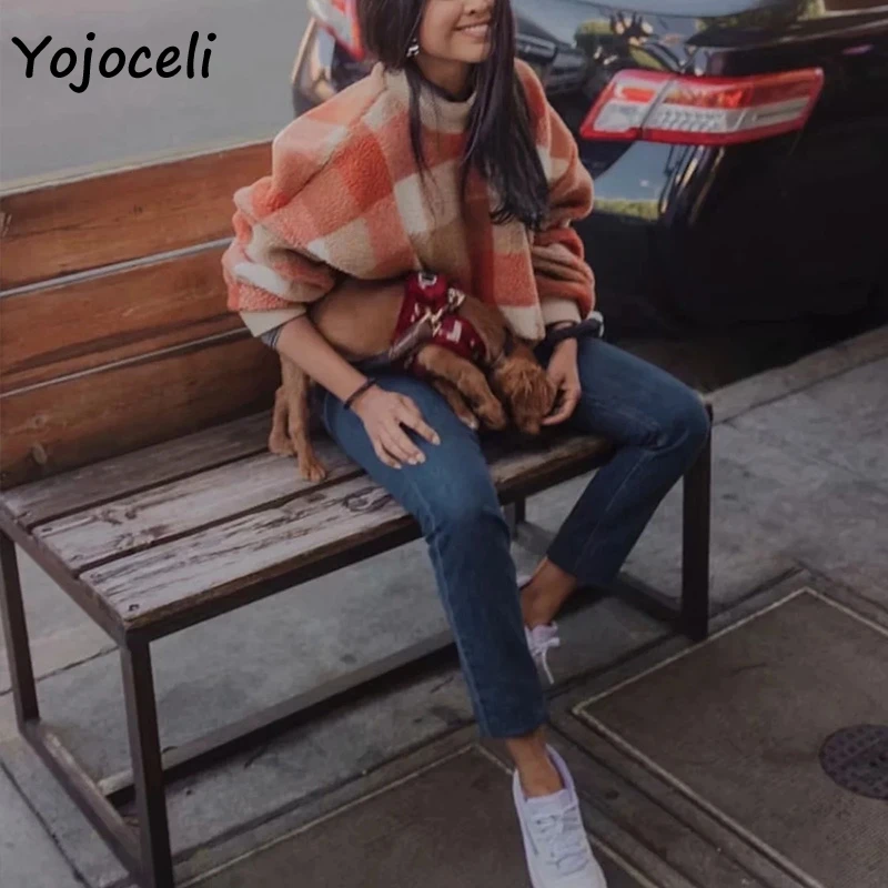 Yojoceli Повседневная модная клетчатая Толстовка Пуловер женский свободный женский свитер с круглым вырезом Топ уличная