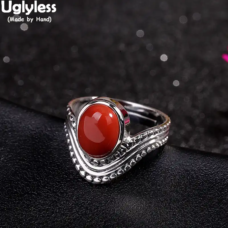 Uglyless コーラルレッド瑪瑙指輪女性エスニックミニマリスト宝石オープンリング固体 925 スターリングシルバービジューファッションジュエリー 指輪 Aliexpress