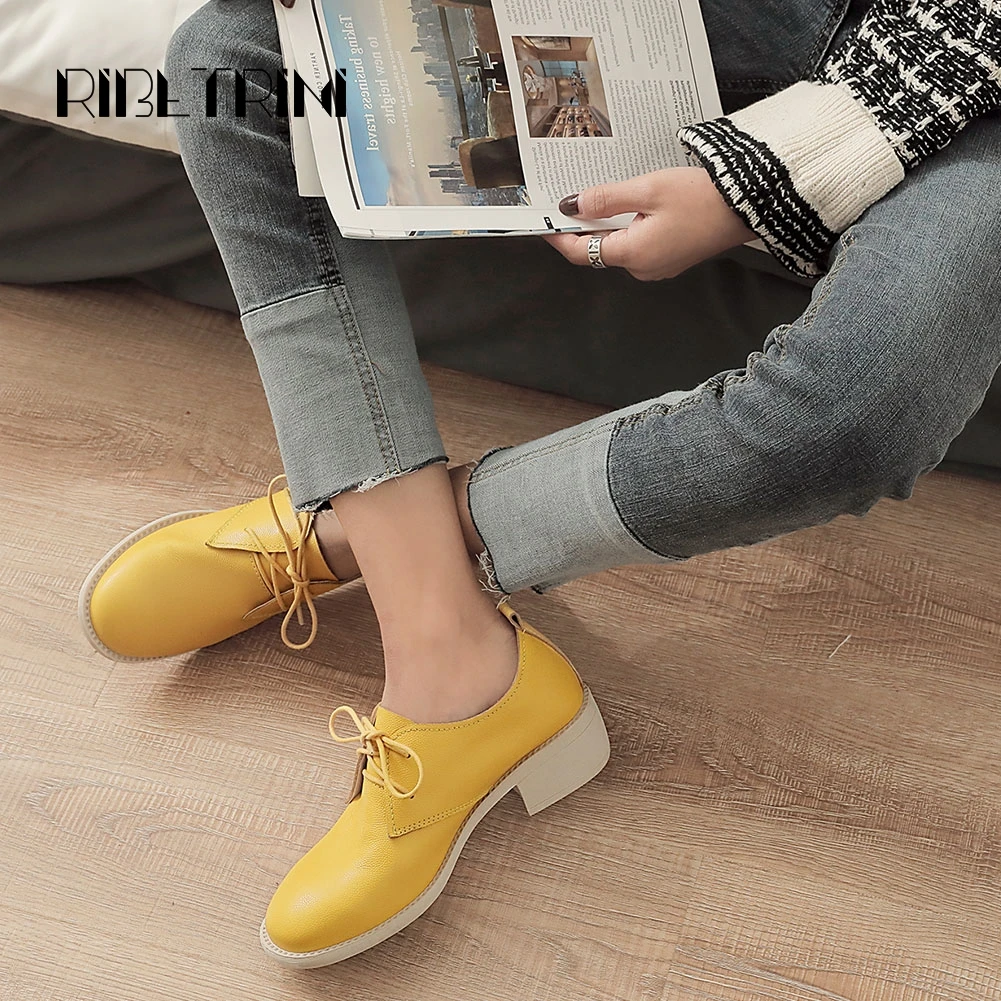 

RIBETRINI New Spring Female Ol Bright Colors Shoes Woman Comfort Genuine Leather Pumps Women 2020 Med Chunky Heels Pumps