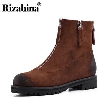 

RIZABINA Ankle Boots For Women Genuine Leather Fashion Zipper Flats Shoes Women Winter Autumn Round Toe Short Boots Size 34-39
