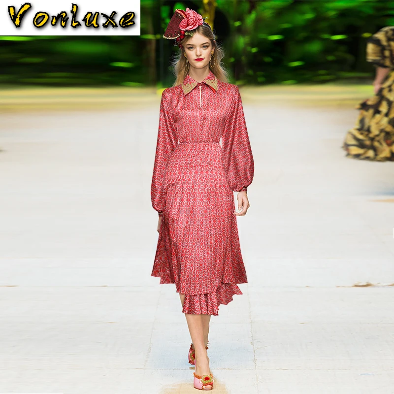 2020 New Lantern Long Sleeve High Waist Irregular Print Pleated Dress Women Spring Autumn Dresses Brand Fashion Runway Designer | Женская