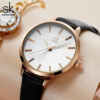 Shengke-Reloj De negocios Para Mujer, Correa negra, rosa dorado, elegante, esfera a escala