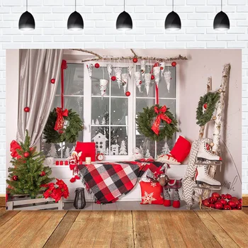 

Red Themed Christmas Photography Supplies Props Window Bells Christmas Tree Background Green Wreath Toy Winter Birthday Party