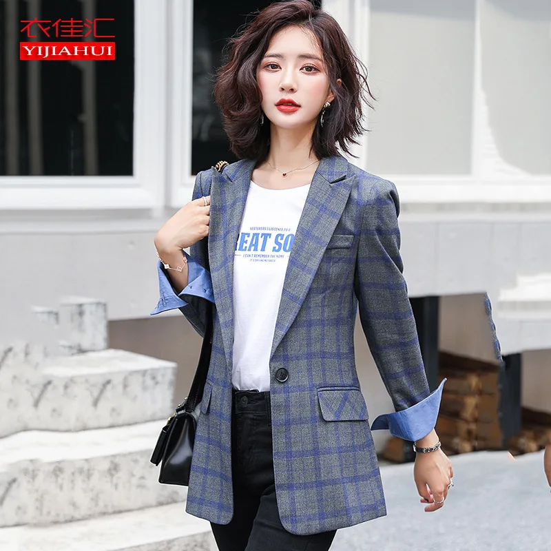 

Gray Plaid Suit Jacket Women's 2019 New Style Autumn Retro Wear Korean-style CHIC British Style Suit