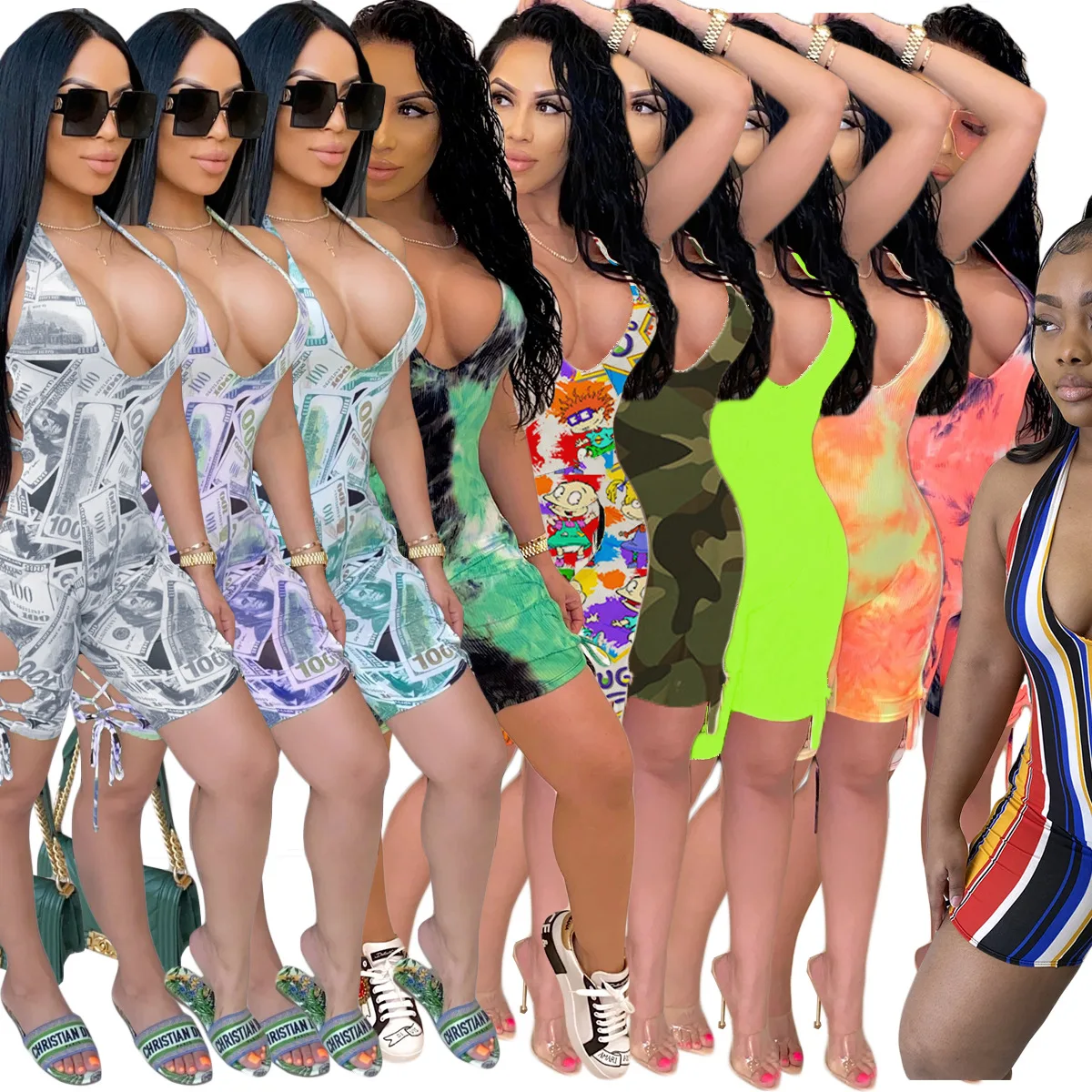 

Tie Dye Lace Up Pattern Dollars Print Summer Women Jumpsuit European and American Sexy Style Model Rompers Bodysuit