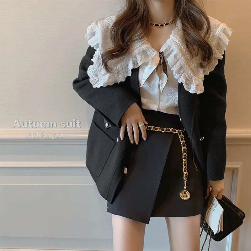 New Spring Women Three Piece Sets Long Sleeves Solid Suit + White Lace Vintage Solid Blouse Shirt +sweet Solid Black Skirt Suits