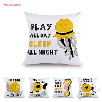 

Yellow Cute Cartoon Marine Animals Fish Sea Horse Baby Nursery Art Sofa Throw Pillow Case Soft Velvet Cushion Cover Home Decor