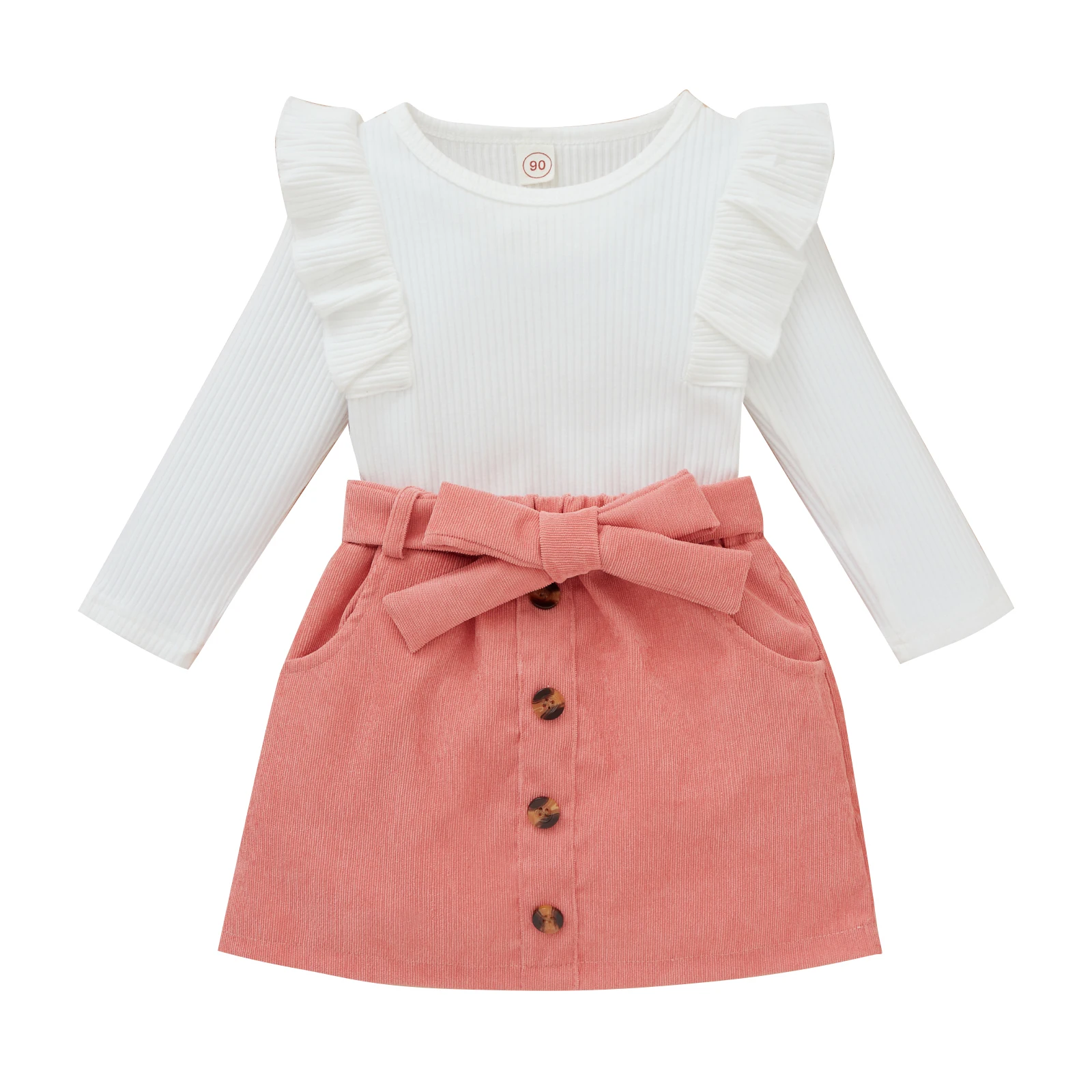 Citgeett Spring Toddler Baby Girls Outfit Knitted Ribbed Ruffles Long Sleeve Tops + Solid Color Buttons Skirt Autumn Clothes Set