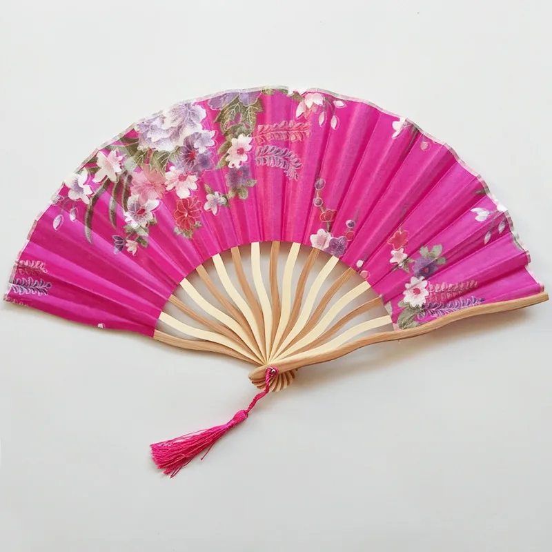 Bamboo Folding Hand Fan Peony Flowers Party Wedding Favor FREE STAND #07271610 