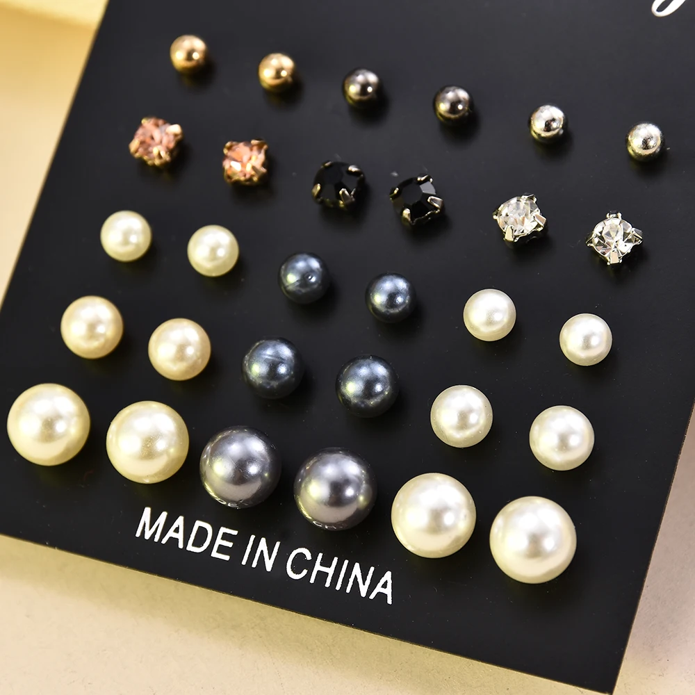 

15 Pair/Set Three Color Imitation Pearls Stud Earrings For Women Original DIY Gift Jewelry Gift Crystal Stud Earrings Pendientes